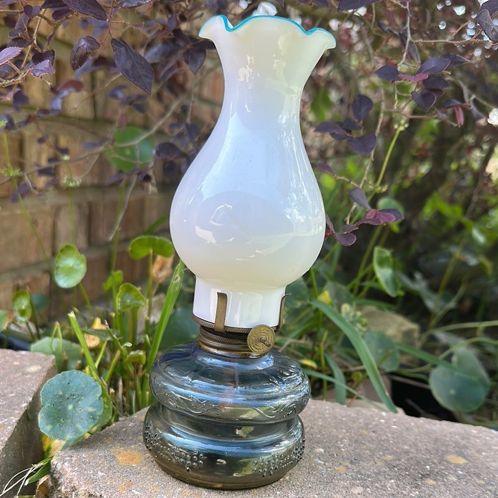 Vintage Three Star brand Glass Oil Lamp with White and Blue Accents